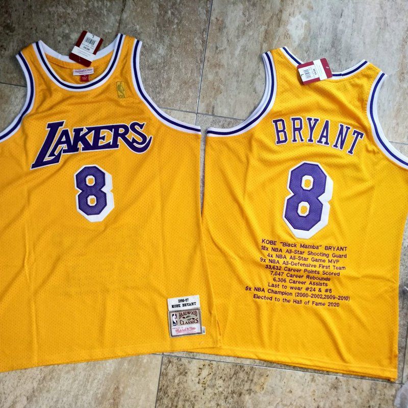 Men Los Angeles Lakers 8 Bryant Yellow Career honor English embroidered version NBA Jerseys